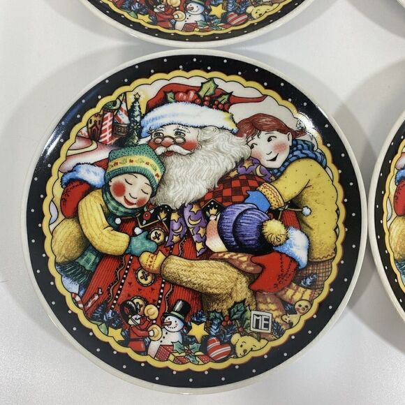 Mary Engelbreit Christmas Santa & Kids 7” Appetizer Salad Side Plates Set Of 4 - Picture 4 of 7
